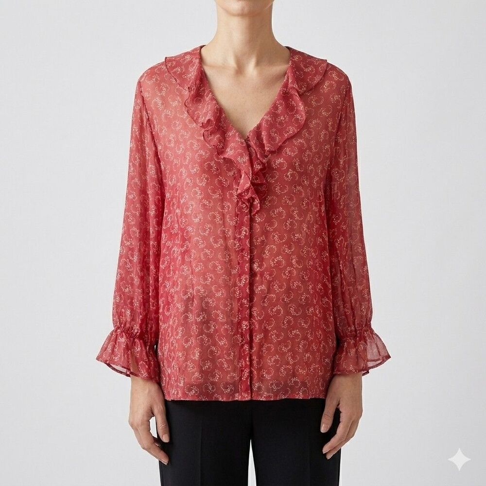vintage ​April Cornell Large  Blouse Red Floral Ruffle V-Neck Long Sleeve Sheer
